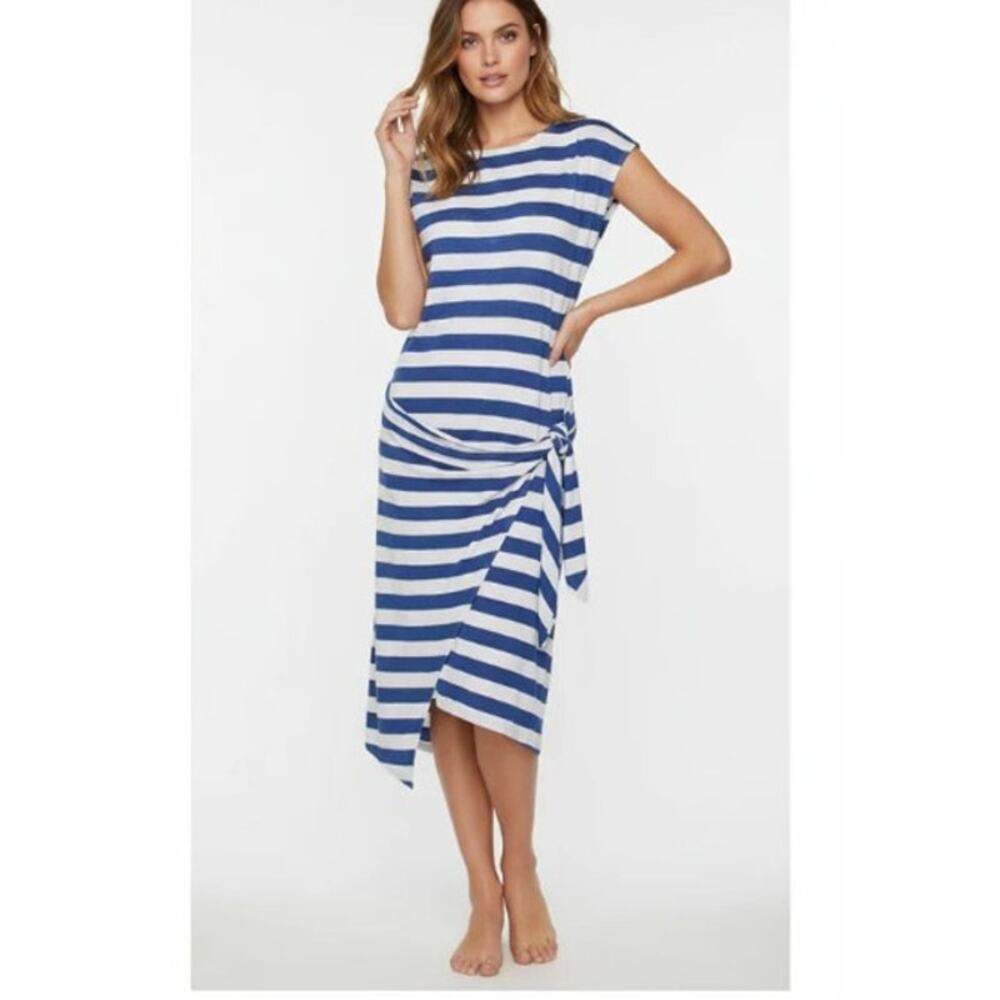 Polo Ralph Lauren Linen Wrap Midi Dress Blue Stripe Boat Neck Medium